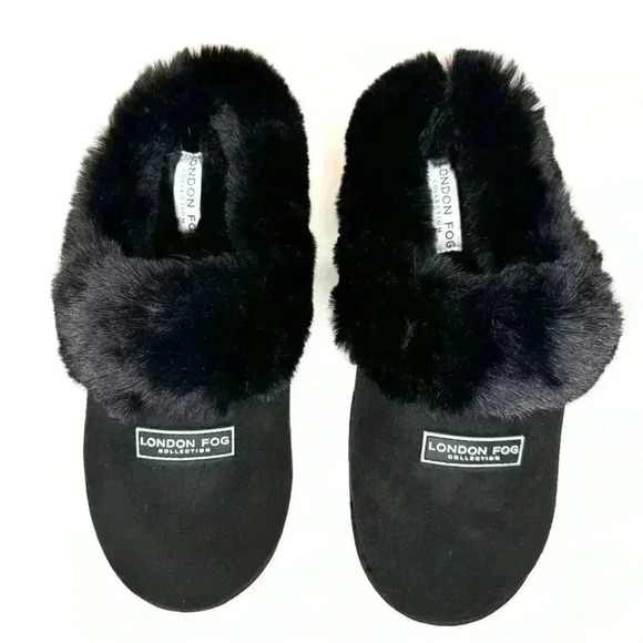 London Fog Womens JOSLYN FAUX FUR BLACK SLIPPERS (New Without Tags ) - Picture 1 of 7